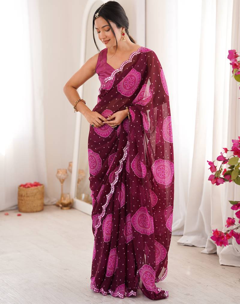 Heavy georgette bandhani gola print saree with mirror work & cutwork border