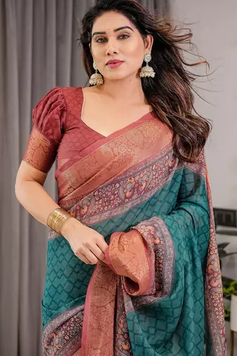 Pure linen weaved with golden zari handloom saree with floral print and designer tassels