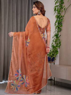 Elegant printed organza sarees with multicolor edge borders 3