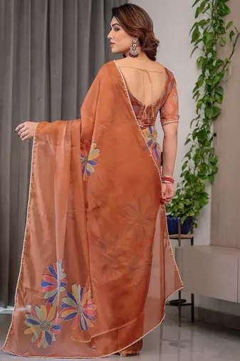 Elegant printed organza sarees with multicolor edge borders