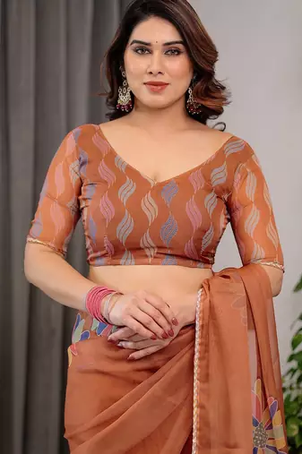 Elegant printed organza sarees with multicolor edge borders