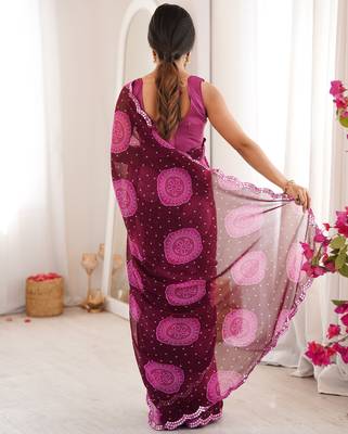  georgette bandhani gola print saree with mirror work & cutwork border 4