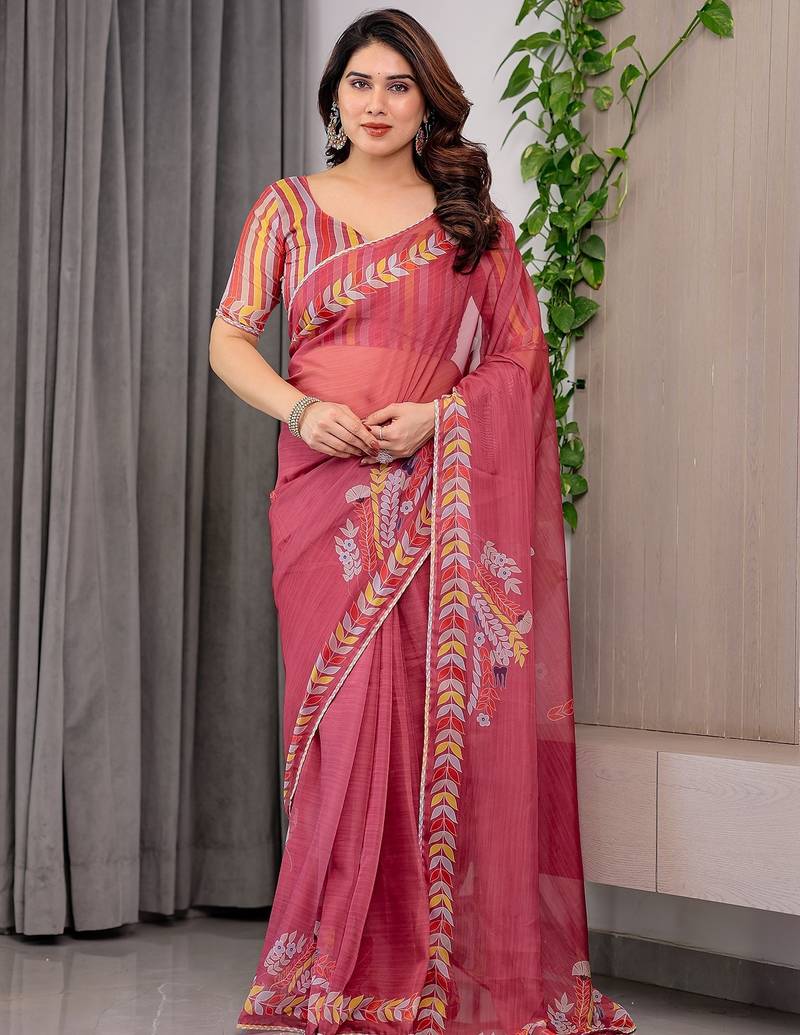 Sheer organza printed sarees with multicolor border detailing