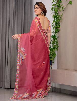 Sheer organza printed sarees with multicolor border detailing 3