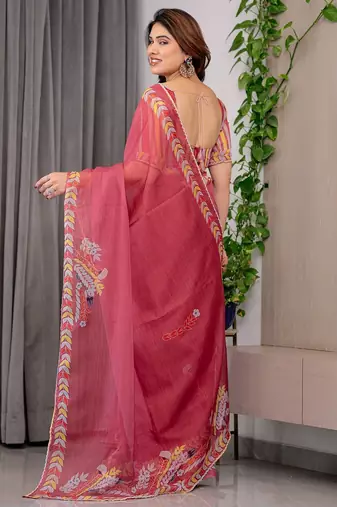 Sheer organza printed sarees with multicolor border detailing