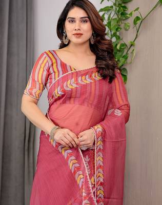 Sheer organza printed sarees with multicolor border detailing 4