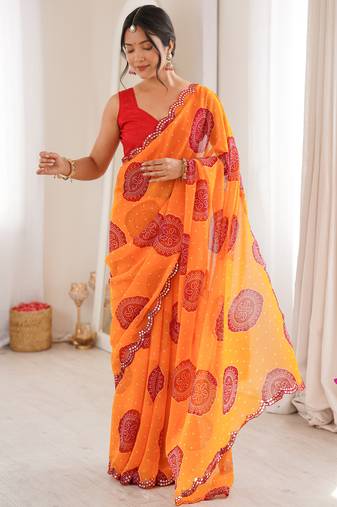 Heavy georgette bandhani gola print saree with mirror work & cutwork border