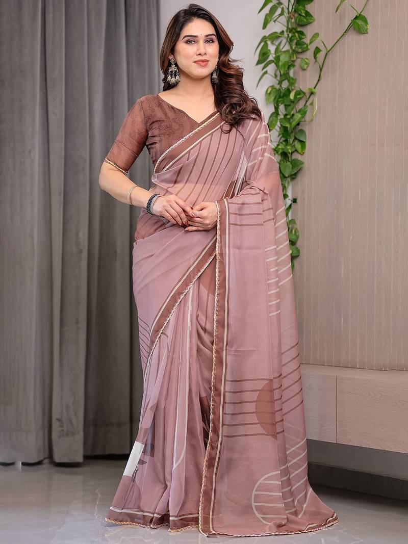 Elegant printed organza sarees with multicolor edge borders