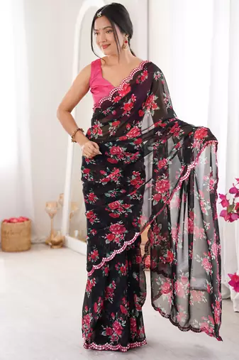 Heavy georgette floral mini flower print saree with mirror work & cutwork border