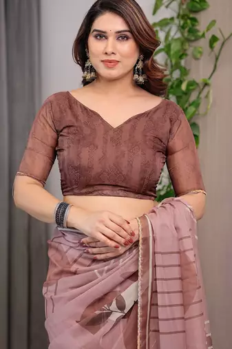 Elegant printed organza sarees with multicolor edge borders