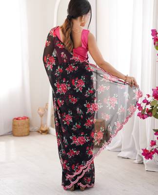  georgette floral mini flower print saree with mirror work & cutwork border 2