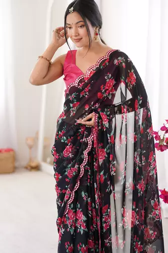  georgette floral mini flower print saree with mirror work & cutwork border
