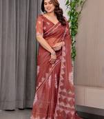 Sheer organza printed sarees with multicolor border detailing