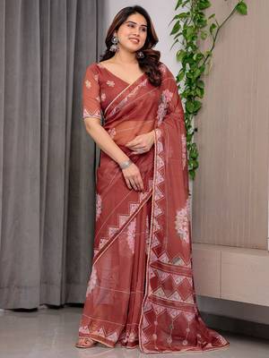 Sheer organza printed sarees with multicolor border detailing 2