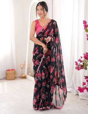  georgette floral mini flower print saree with mirror work & cutwork border 5