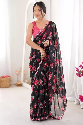  georgette floral mini flower print saree with mirror work & cutwork border