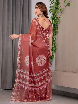Sheer organza printed sarees with multicolor border detailing 3