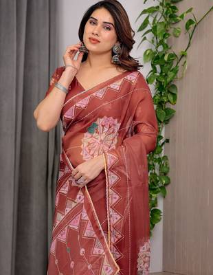 Sheer organza printed sarees with multicolor border detailing 4