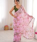  georgette floral mini flower print saree with mirror work & cutwork border
