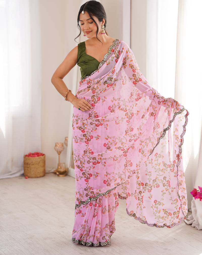 Heavy georgette floral mini flower print saree with mirror work & cutwork border