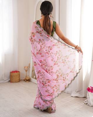  georgette floral mini flower print saree with mirror work & cutwork border 4