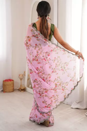  georgette floral mini flower print saree with mirror work & cutwork border