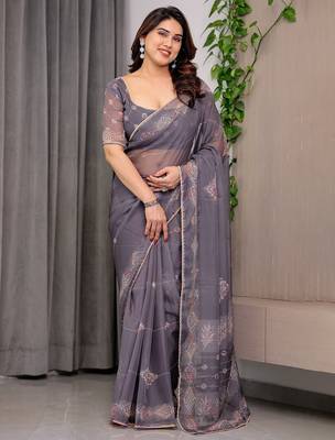 Elegant printed organza sarees with multicolor edge borders 2