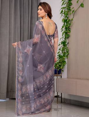 Elegant printed organza sarees with multicolor edge borders 3