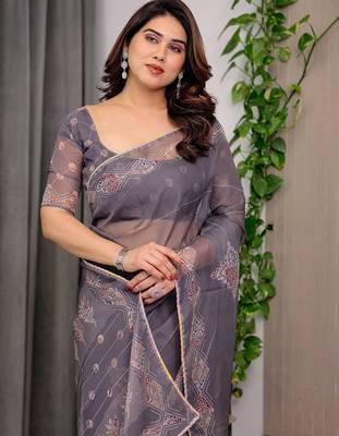 Elegant printed organza sarees with multicolor edge borders 4