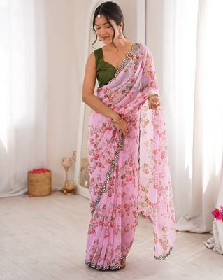  georgette floral mini flower print saree with mirror work & cutwork border 5