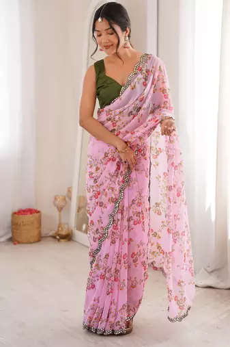  georgette floral mini flower print saree with mirror work & cutwork border