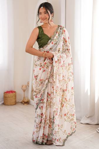 Heavy georgette floral mini flower print saree with mirror work & cutwork border