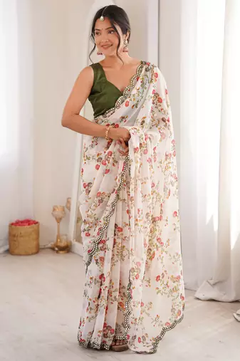 Heavy georgette floral mini flower print saree with mirror work & cutwork border