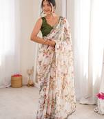 Heavy georgette floral mini flower print saree with mirror work & cutwork border