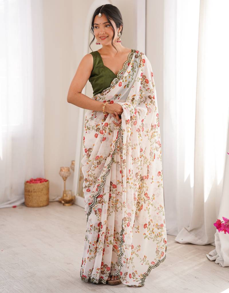 Heavy georgette floral mini flower print saree with mirror work & cutwork border