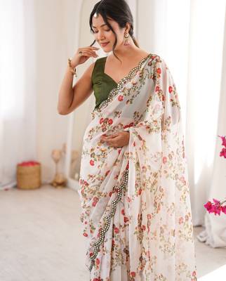  georgette floral mini flower print saree with mirror work & cutwork border 2