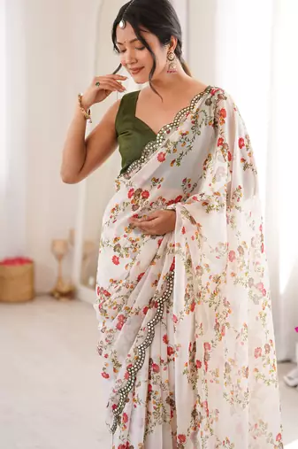  georgette floral mini flower print saree with mirror work & cutwork border