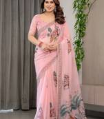 Sheer organza printed sarees with multicolor border detailing
