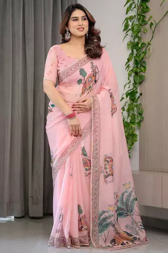 Sheer organza printed sarees with multicolor border detailing