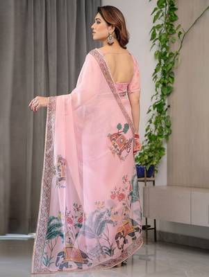 Sheer organza printed sarees with multicolor border detailing 3