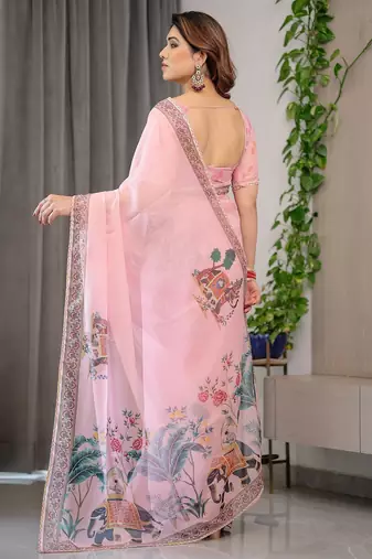 Sheer organza printed sarees with multicolor border detailing