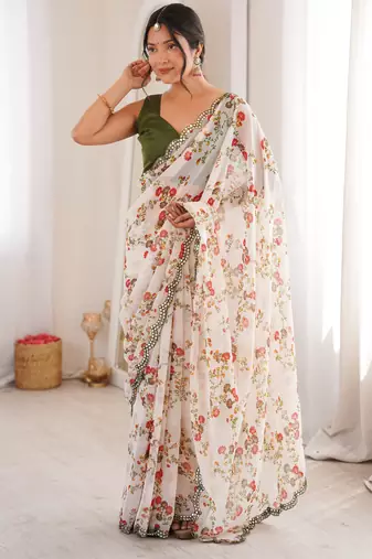  georgette floral mini flower print saree with mirror work & cutwork border