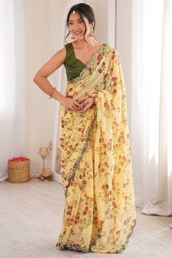 Heavy georgette floral mini flower print saree with mirror work & cutwork border