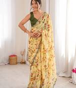 Heavy georgette floral mini flower print saree with mirror work & cutwork border