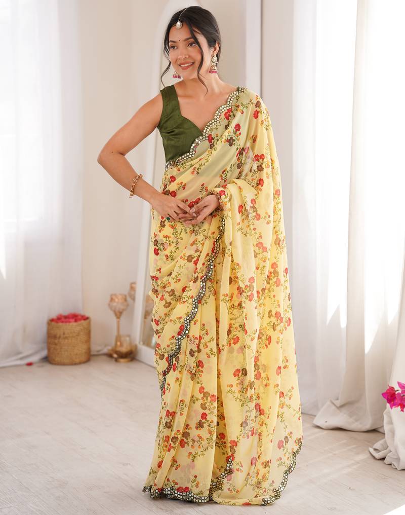 Heavy georgette floral mini flower print saree with mirror work & cutwork border