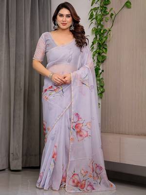 Elegant printed organza sarees with multicolor edge borders 1