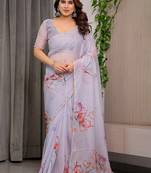 Elegant printed organza sarees with multicolor edge borders