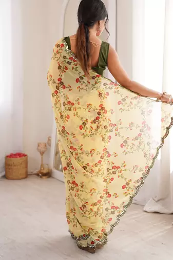  georgette floral mini flower print saree with mirror work & cutwork border