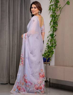Elegant printed organza sarees with multicolor edge borders 3