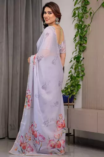 Elegant printed organza sarees with multicolor edge borders